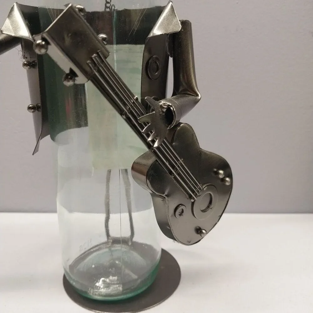 Handmade Metal Rock Guitarist Wine Bottle Holder Peace Sign Sculpture 12.5